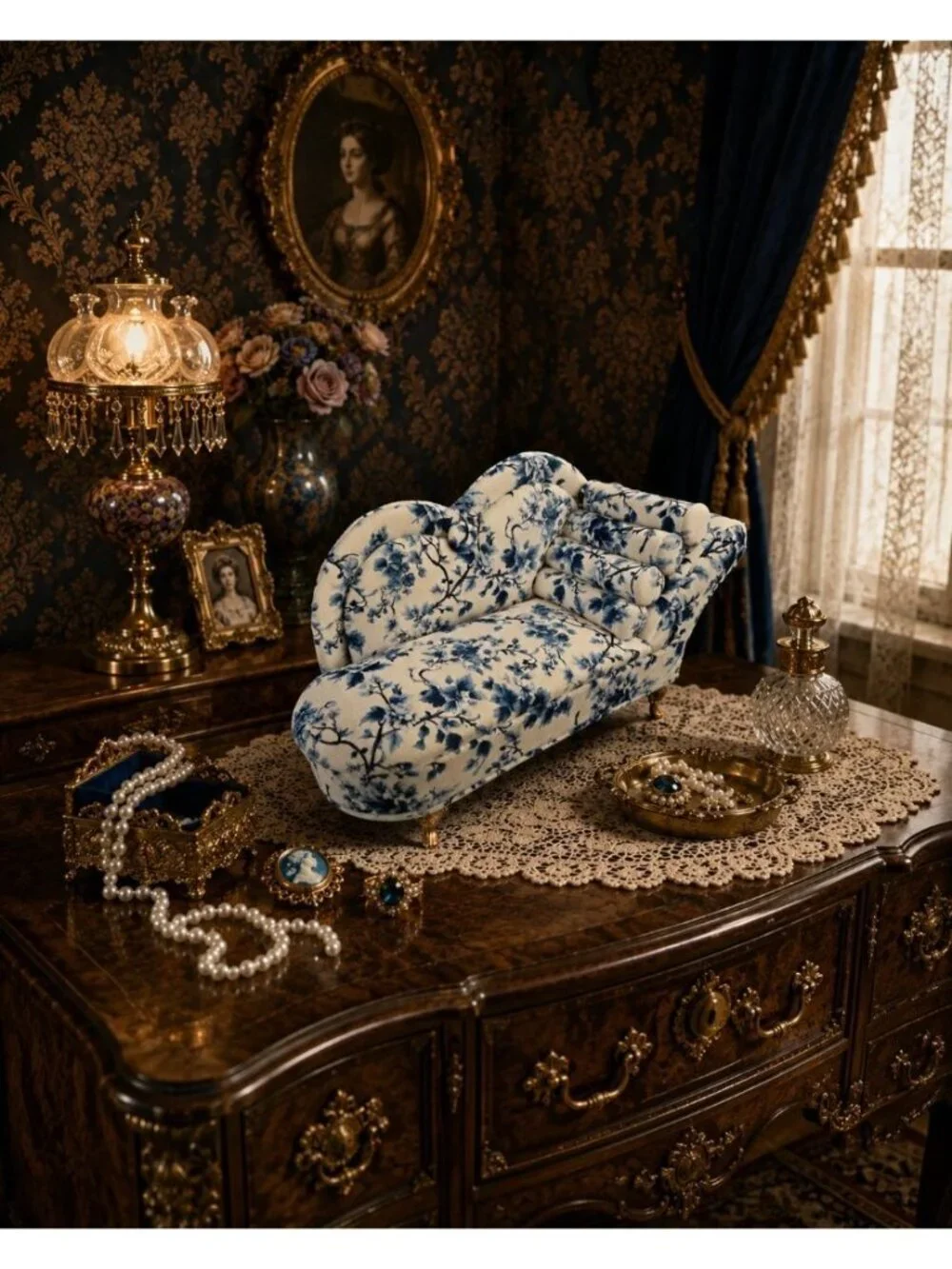 New Blue Flower Victorian Doll Chaise Jewelry Box Organizer Couch Jewelry Box